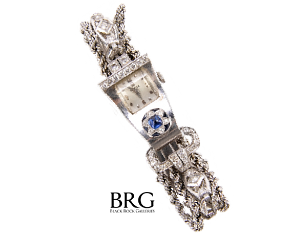 Retro Platinum Omega Watch With White Gold, Diamond & Sapphire